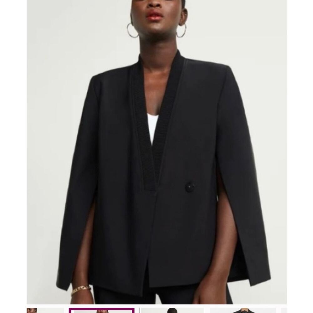 GSTQ Tech-Twill Double-Breasted Blazer Stretch Cape Sleeve Jacket Women's M